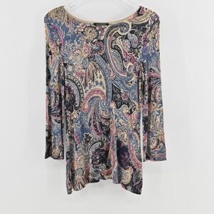 Ralph Lauren Womens Paisley Silk Top Size S Long Sleeve Boat Neck Comfort LRL‎